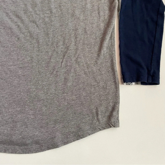 PINK Victoria’s Cotton 3/4 Sleeve Campus Baseball Varsity Gray Navy Blue Shirt - Picture 9 of 11